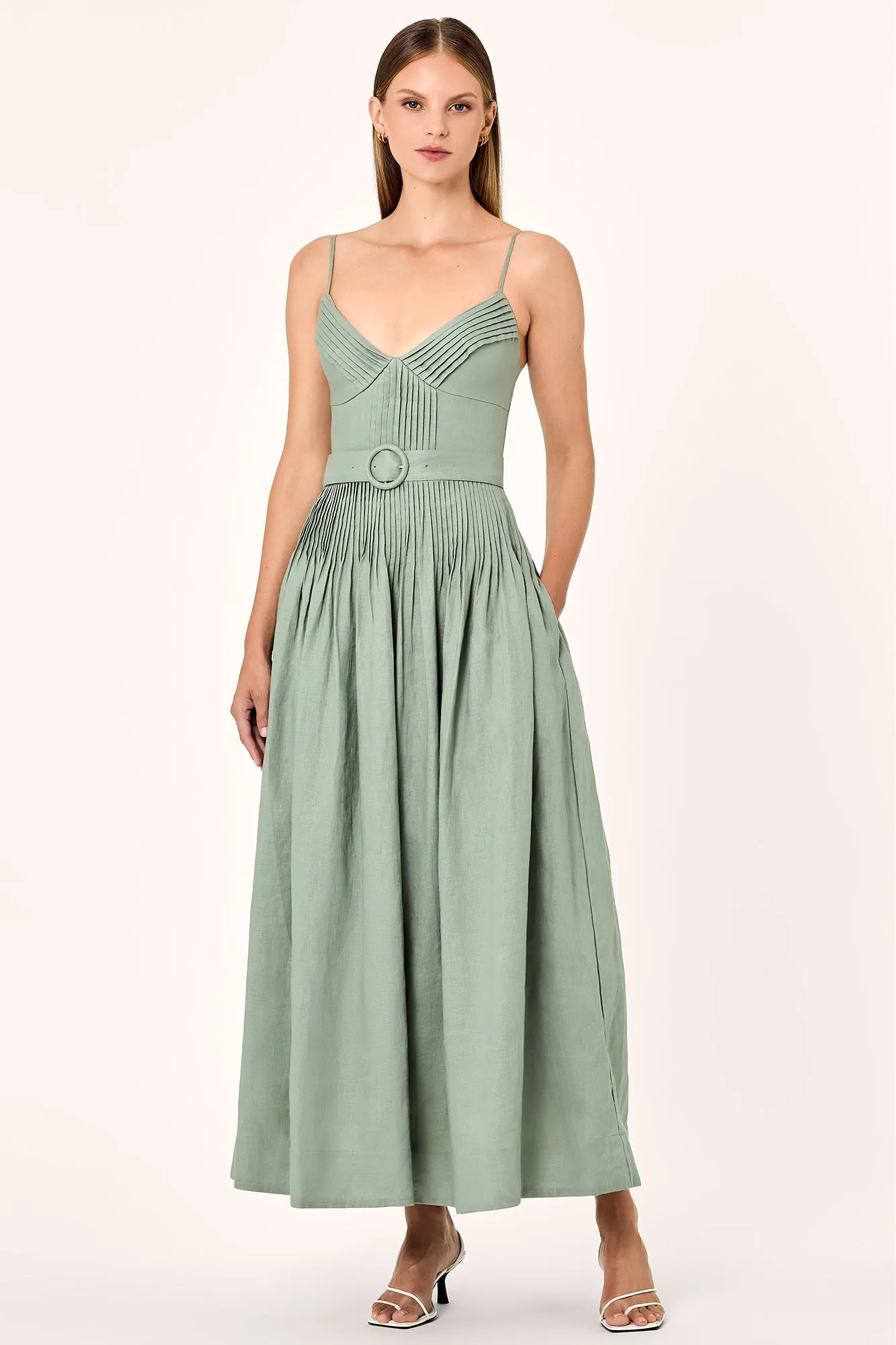 MIREILLE BELTED PINTUCK MIDI DRESS - Pistachio