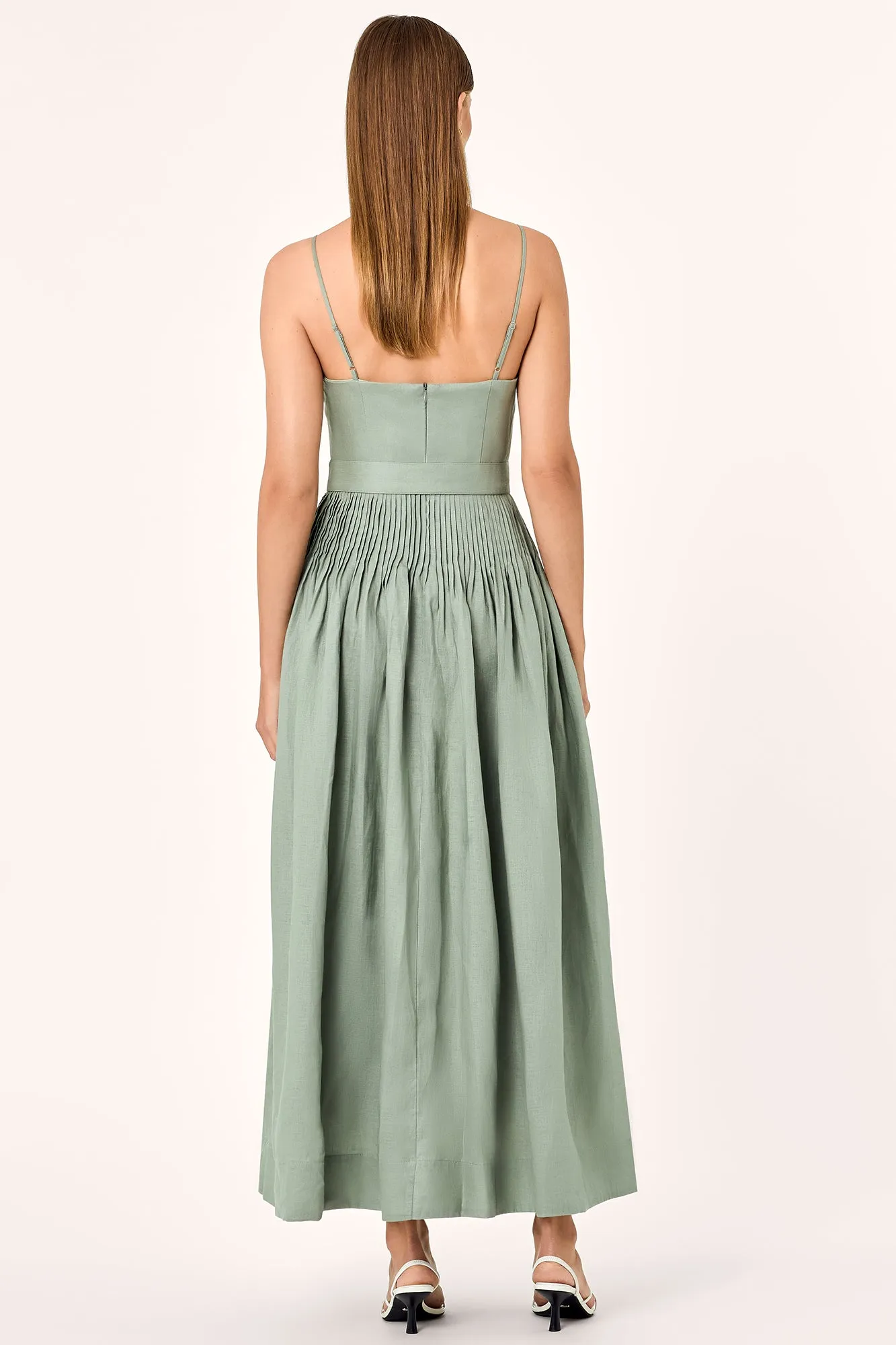 MIREILLE BELTED PINTUCK MIDI DRESS - Pistachio