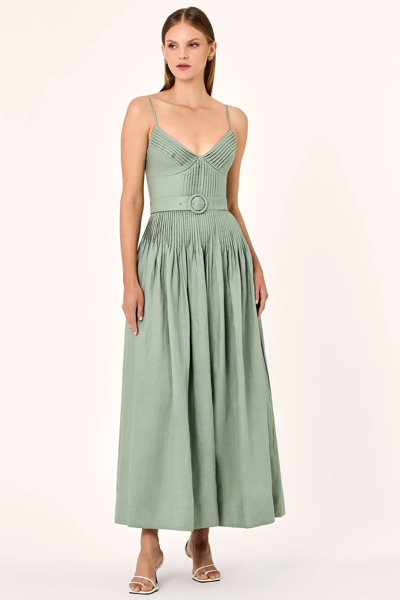 MIREILLE BELTED PINTUCK MIDI DRESS - Pistachio