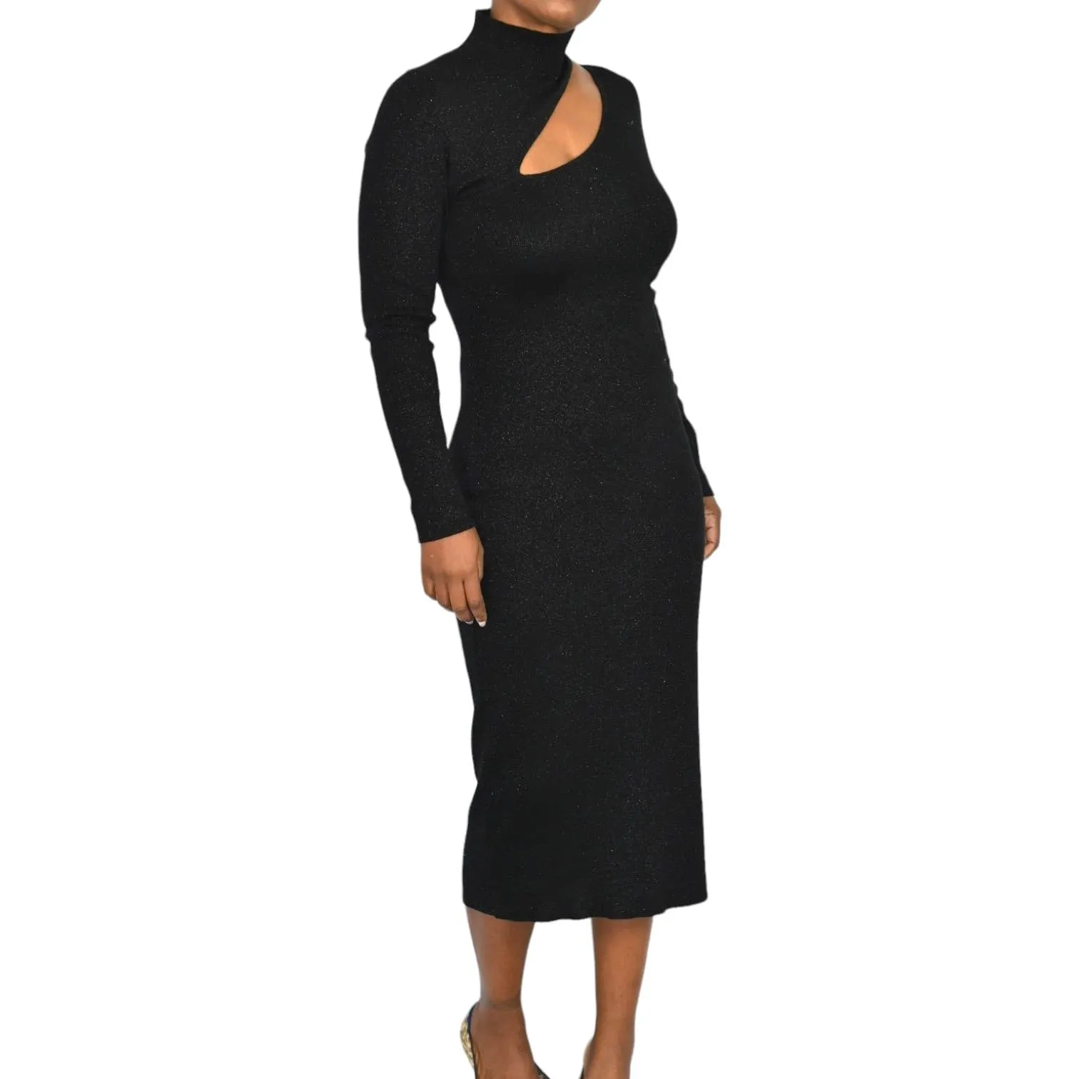 Opt Gertie Knit Sweater Dress Black Turtleneck SweaterDress Shimmer Knit Midi Column Cutout Size Small