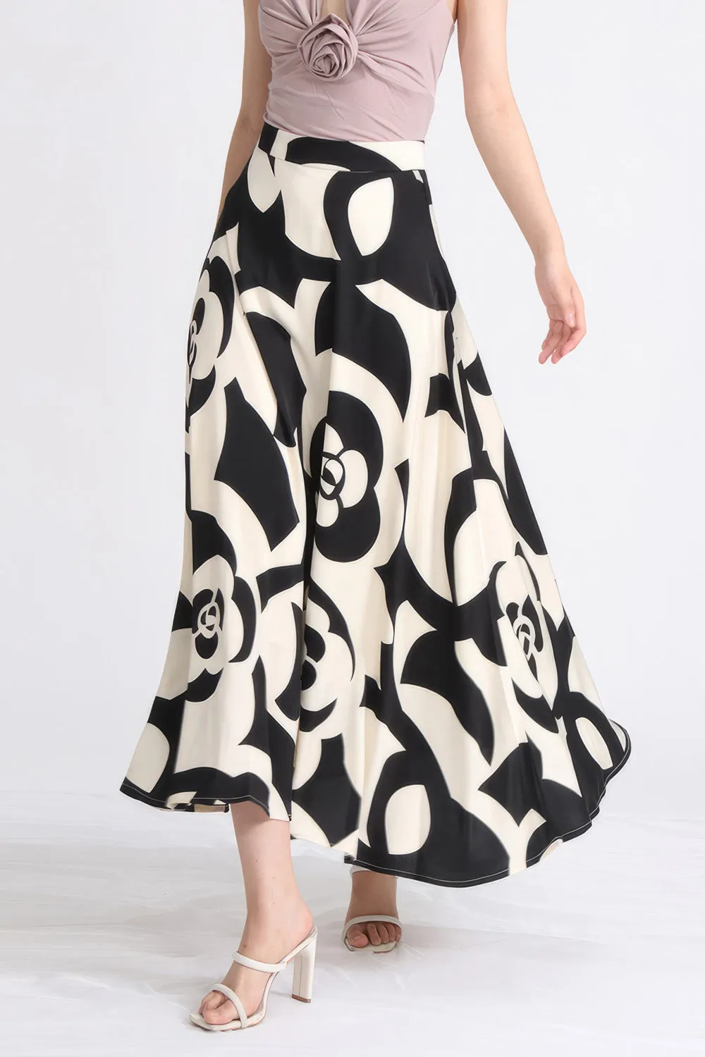Patterned Midi Skirt - Black & Beige