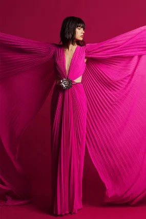 Pleated Column Dress with Cape Sleeves