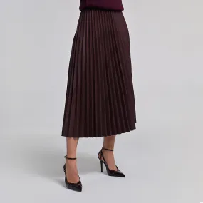 Pleated Leather Midi Skirt Dark Red