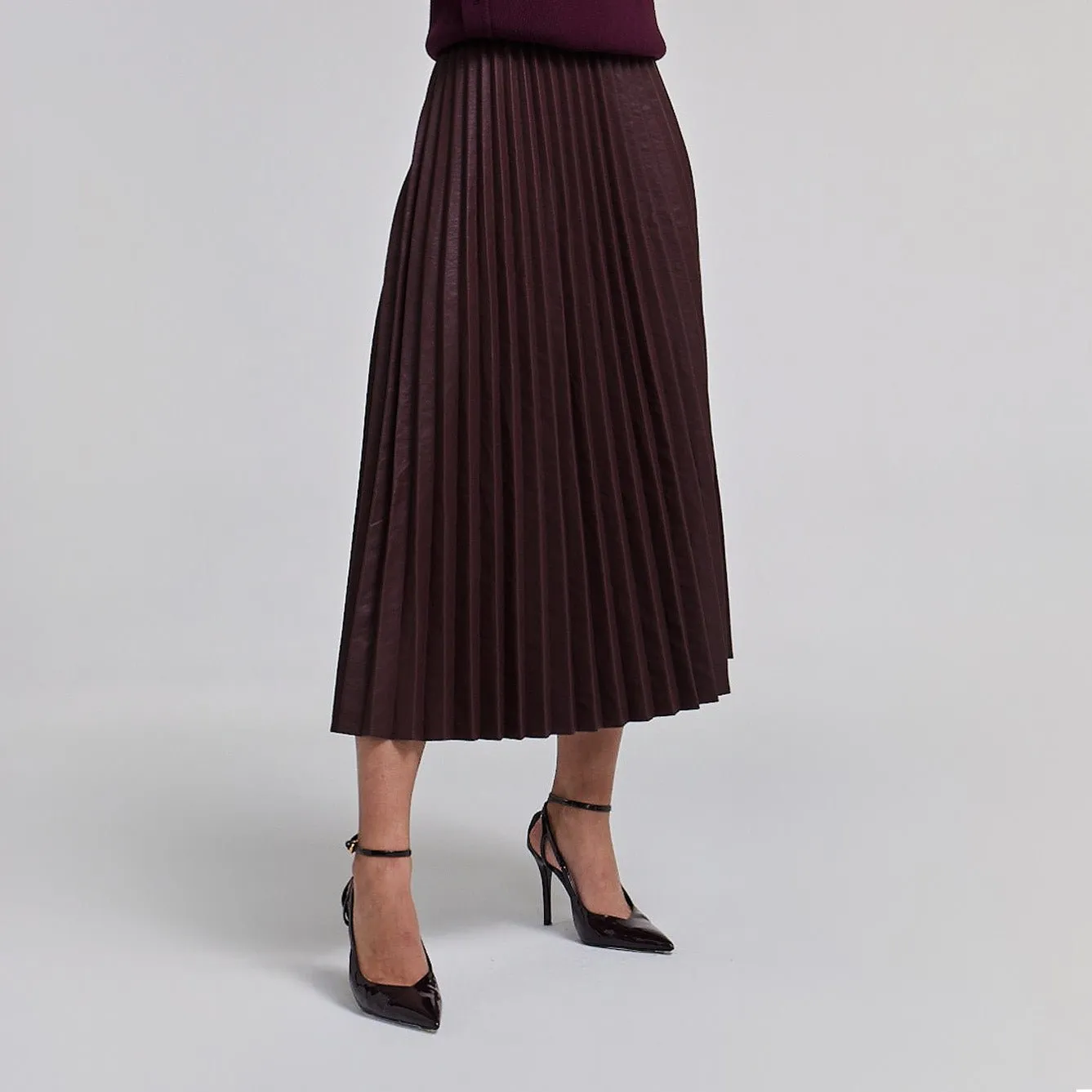 Pleated Leather Midi Skirt Dark Red