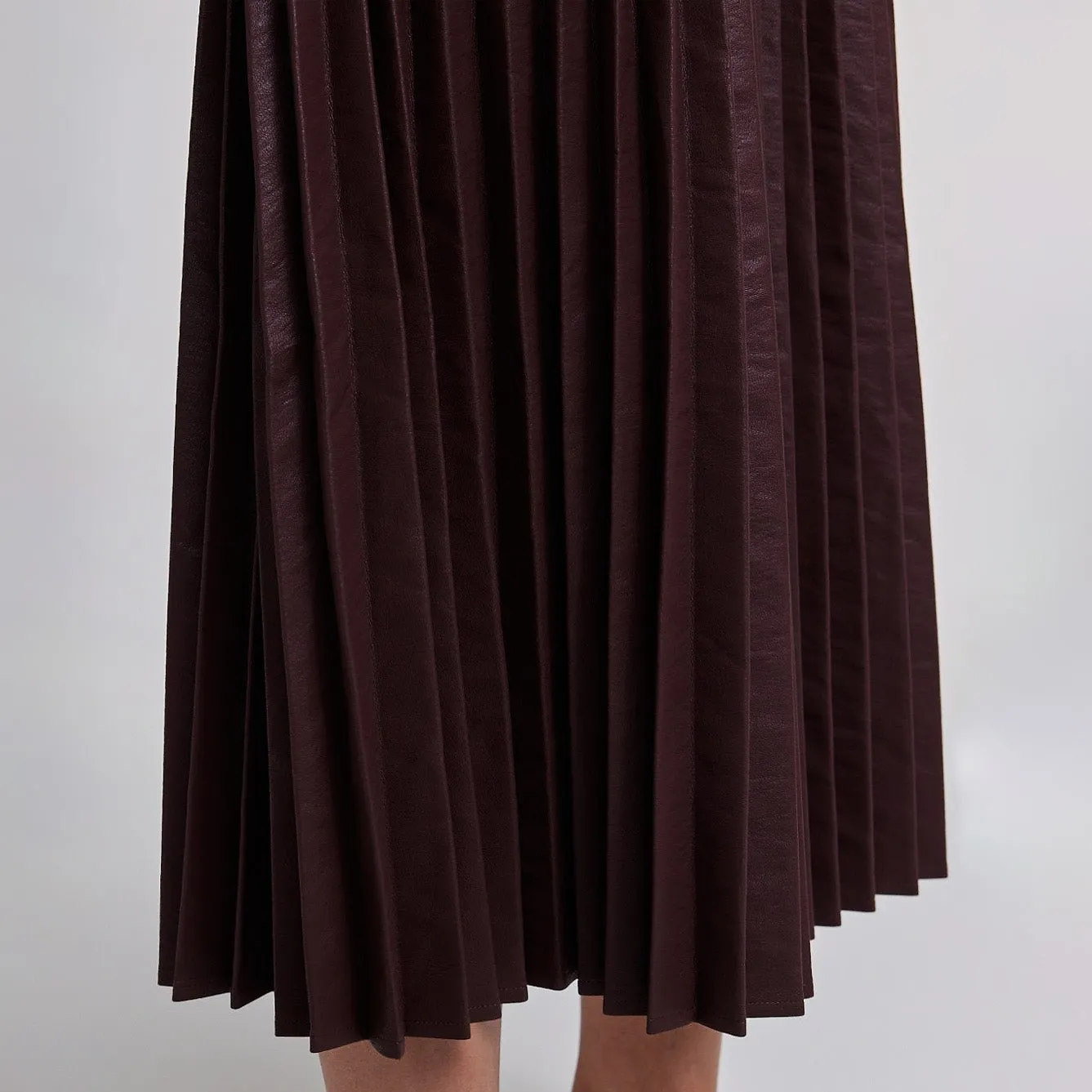 Pleated Leather Midi Skirt Dark Red