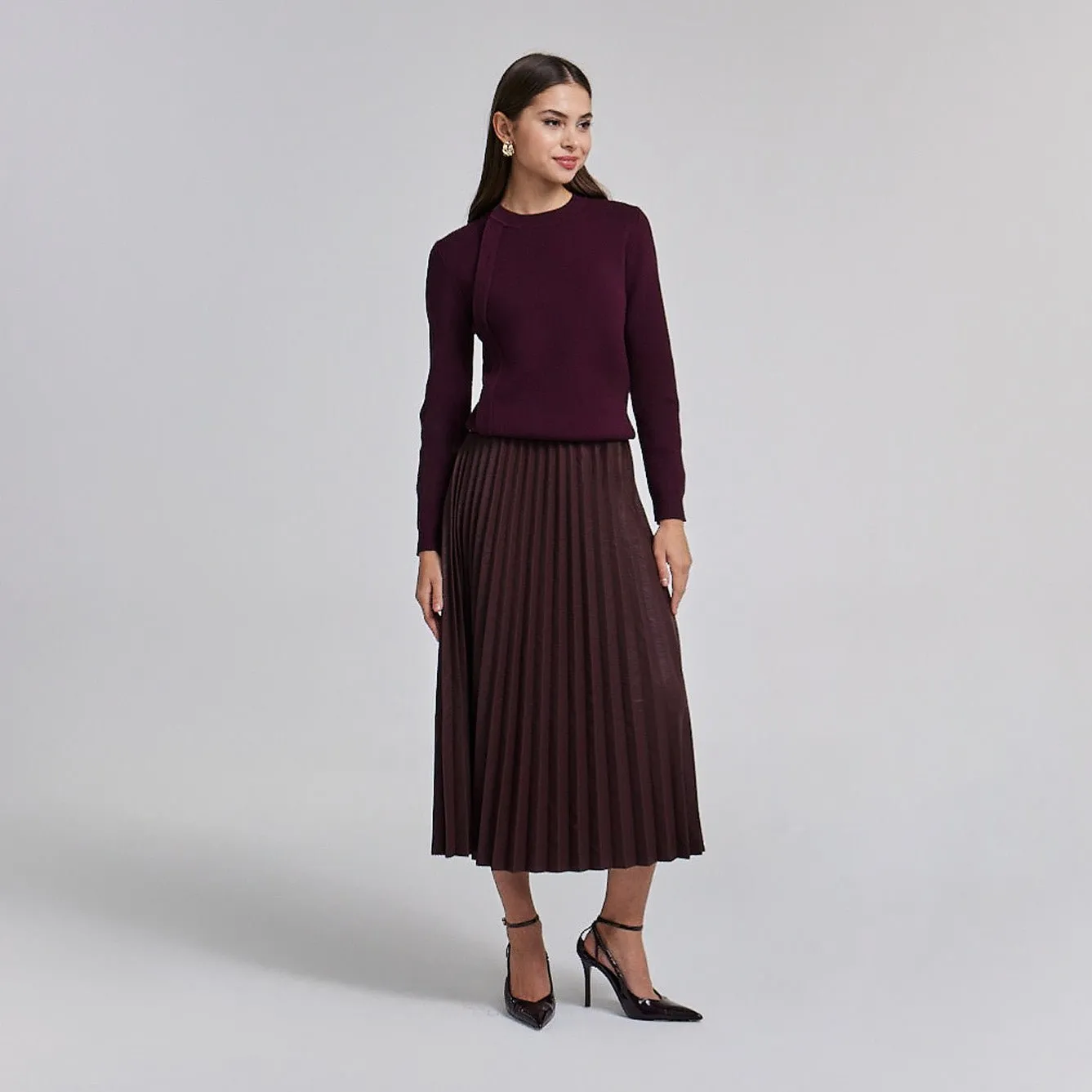 Pleated Leather Midi Skirt Dark Red