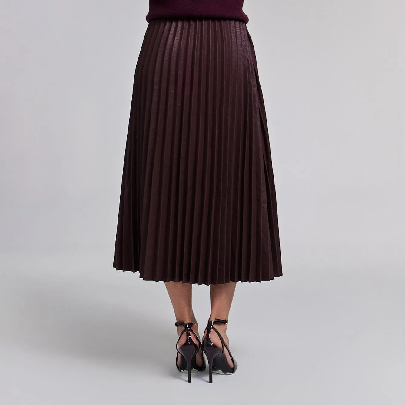 Pleated Leather Midi Skirt Dark Red