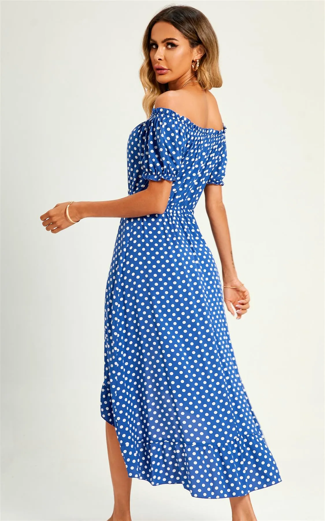 Polka Dot Bardot Frill High Low Slip Midi Dress In Blue