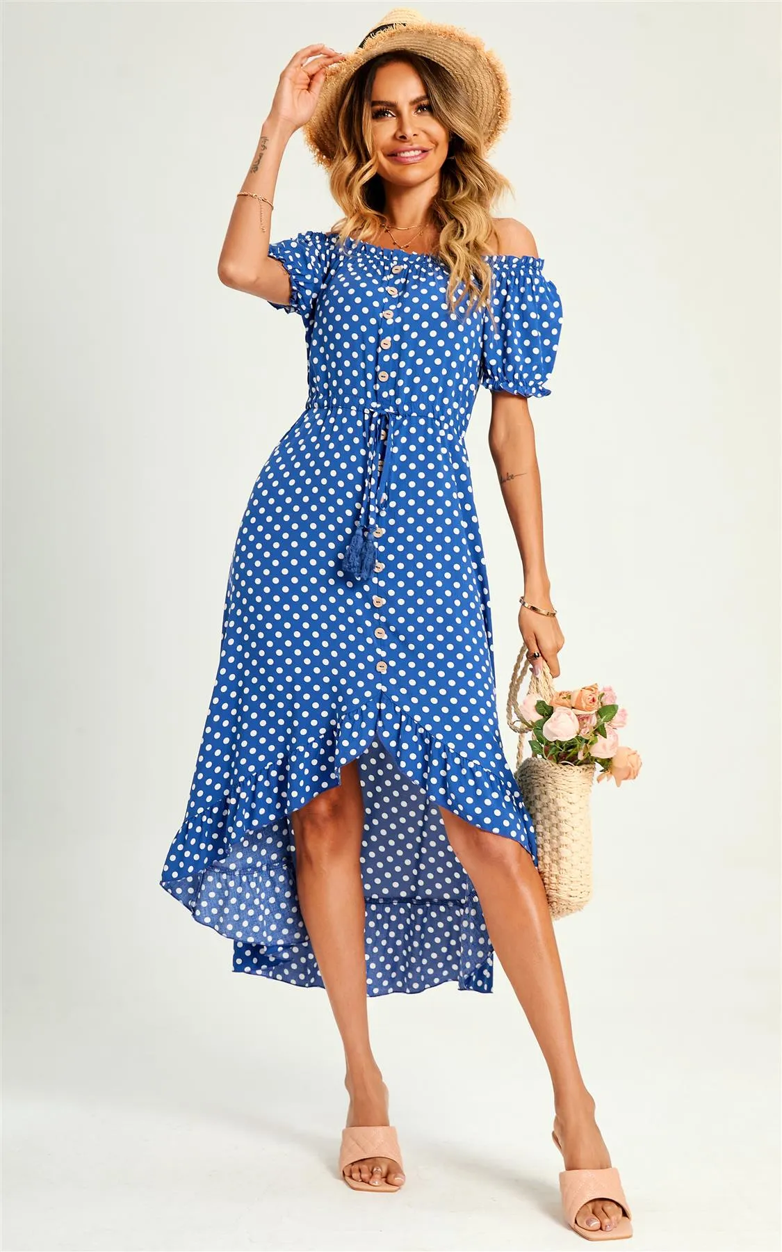 Polka Dot Bardot Frill High Low Slip Midi Dress In Blue