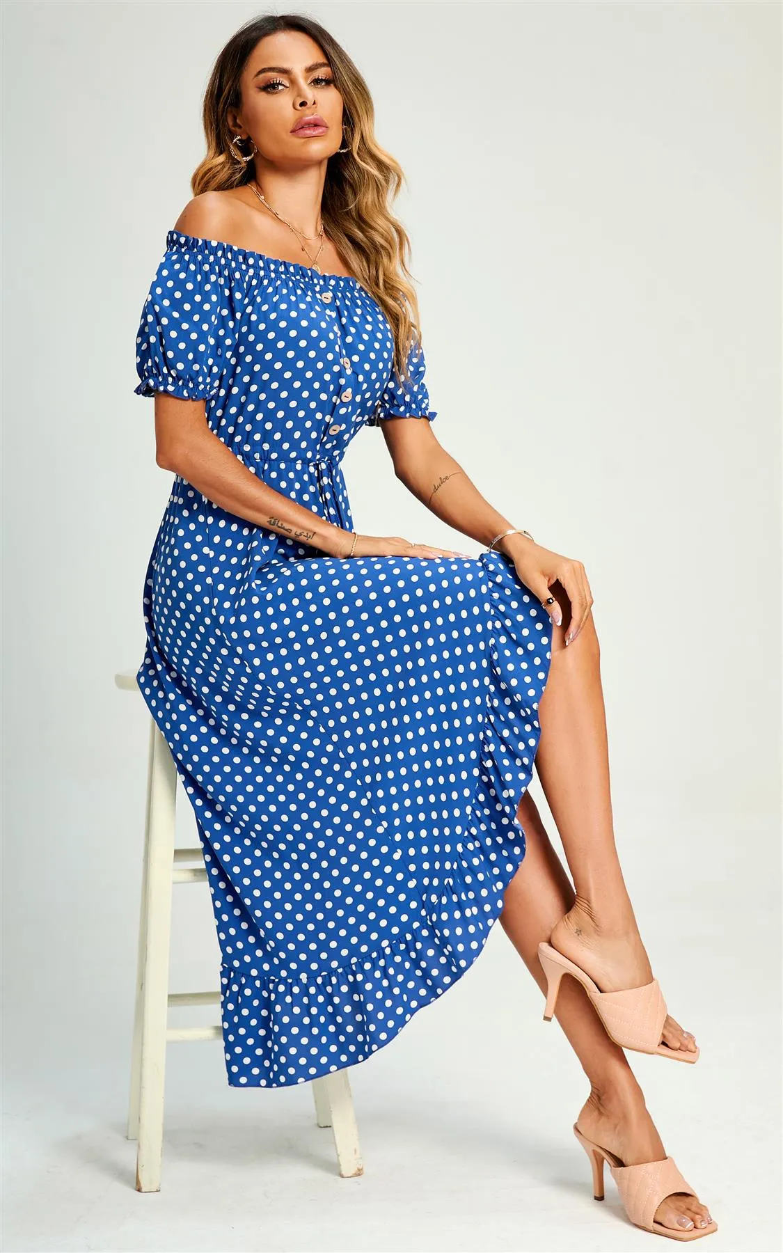 Polka Dot Bardot Frill High Low Slip Midi Dress In Blue