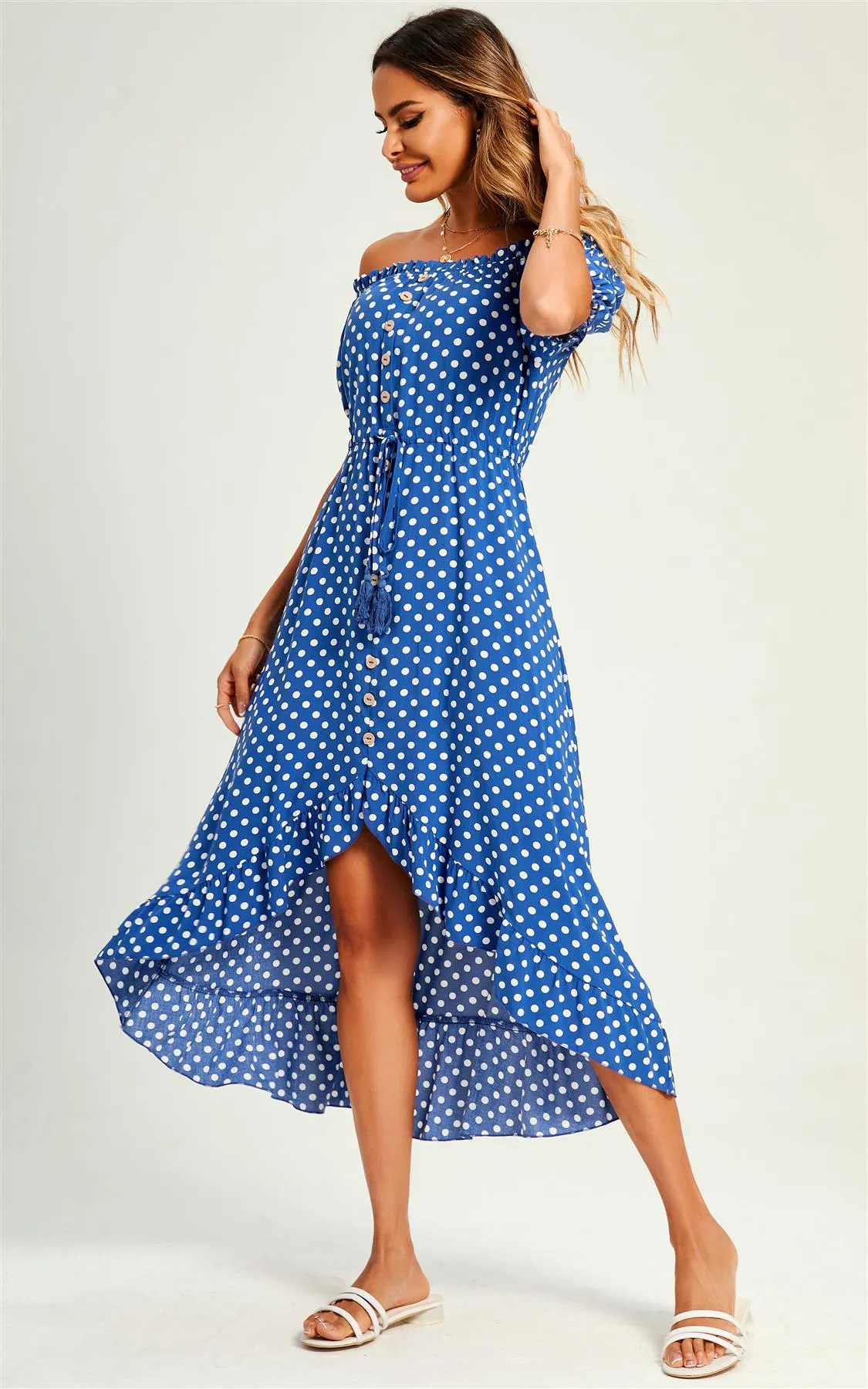 Polka Dot Bardot Frill High Low Slip Midi Dress In Blue