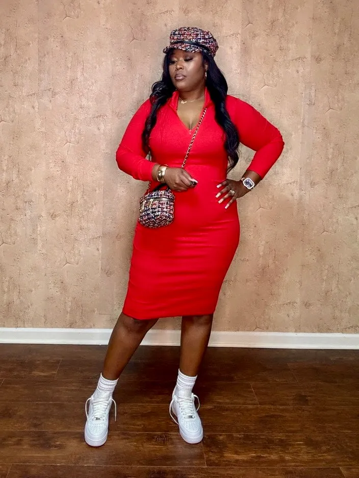 QUARTER ZIP MIDI DRESS (Red)