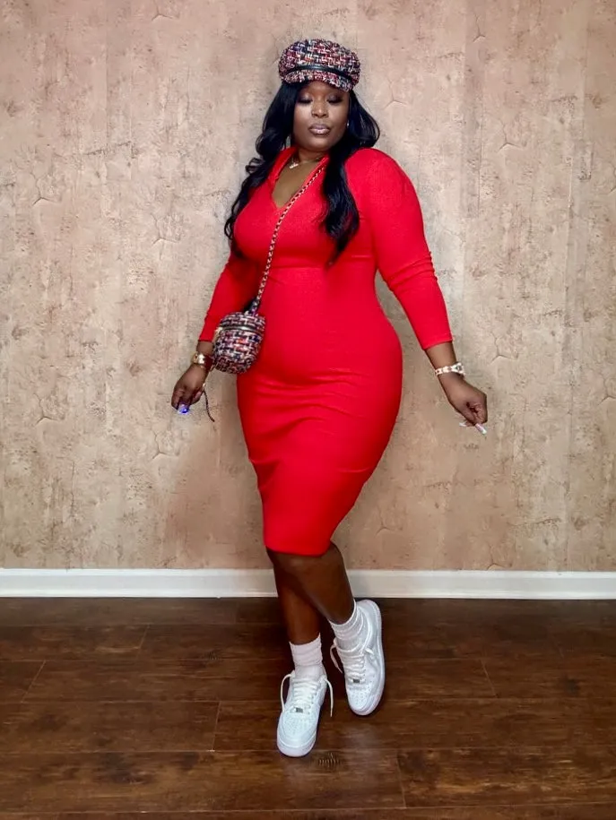 QUARTER ZIP MIDI DRESS (Red)