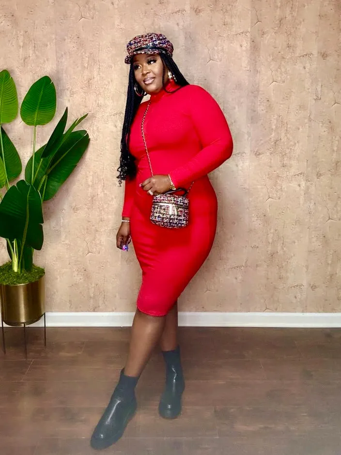 QUARTER ZIP MIDI DRESS (Red)
