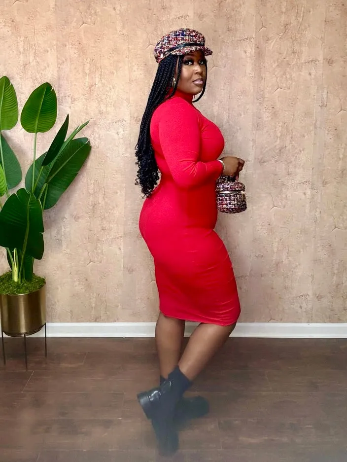 QUARTER ZIP MIDI DRESS (Red)