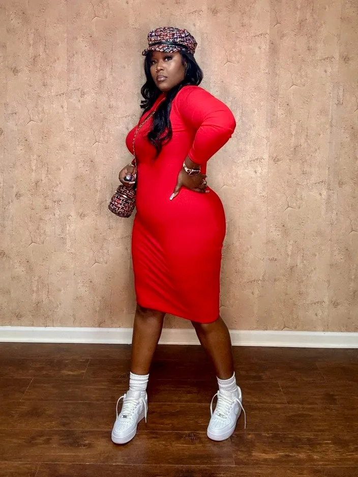 QUARTER ZIP MIDI DRESS (Red)