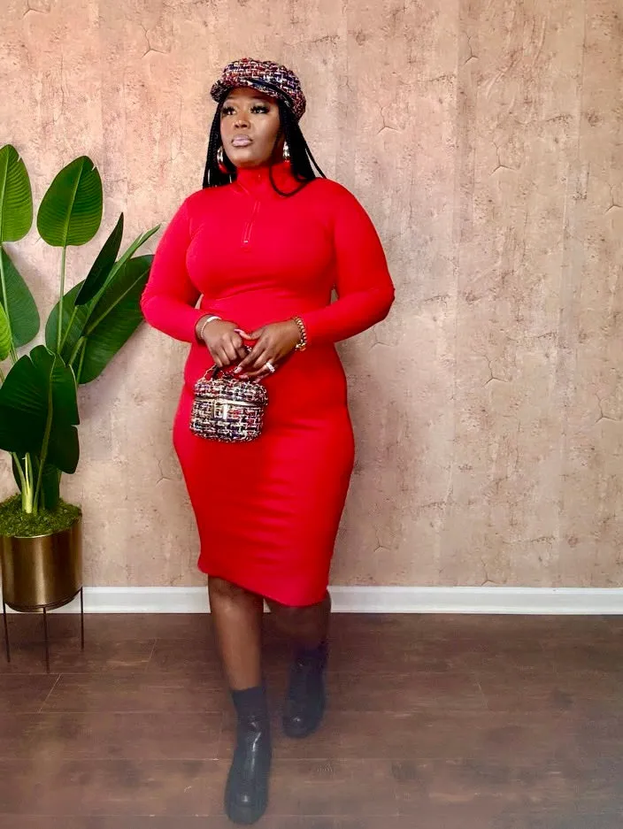 QUARTER ZIP MIDI DRESS (Red)