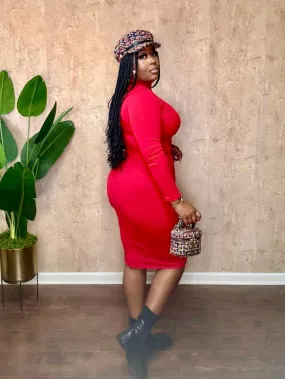 QUARTER ZIP MIDI DRESS (Red)