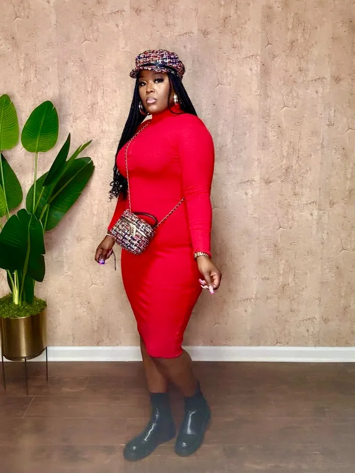 QUARTER ZIP MIDI DRESS (Red)