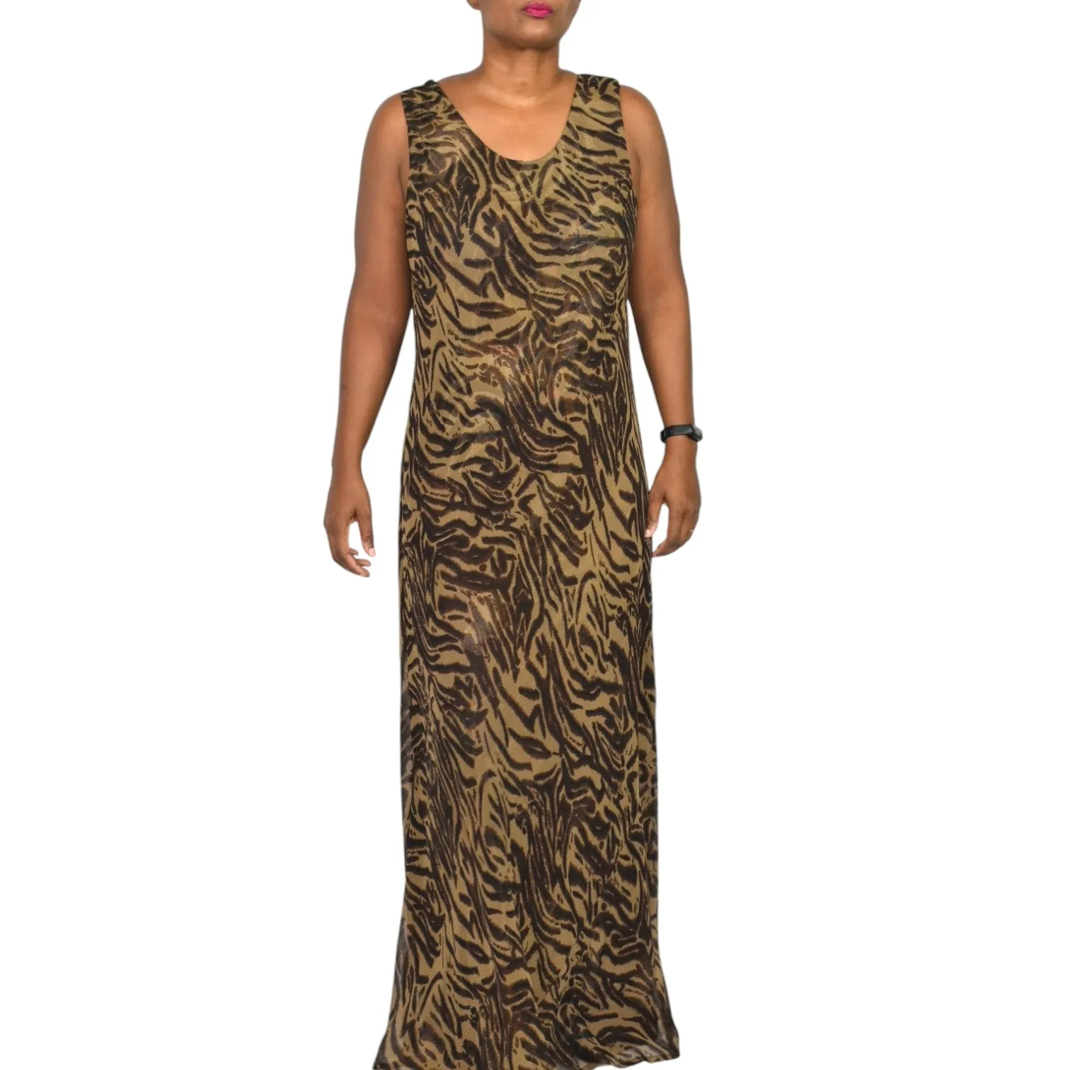 Reversible Slip Dress Brown Animal Mixed Print Cheetah Leopard Maxi Long Sheer Chiffon Sleeveless Bias Size Large