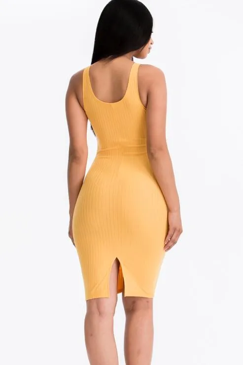 Ribbed Back Slit Bodycon Midi Dress
