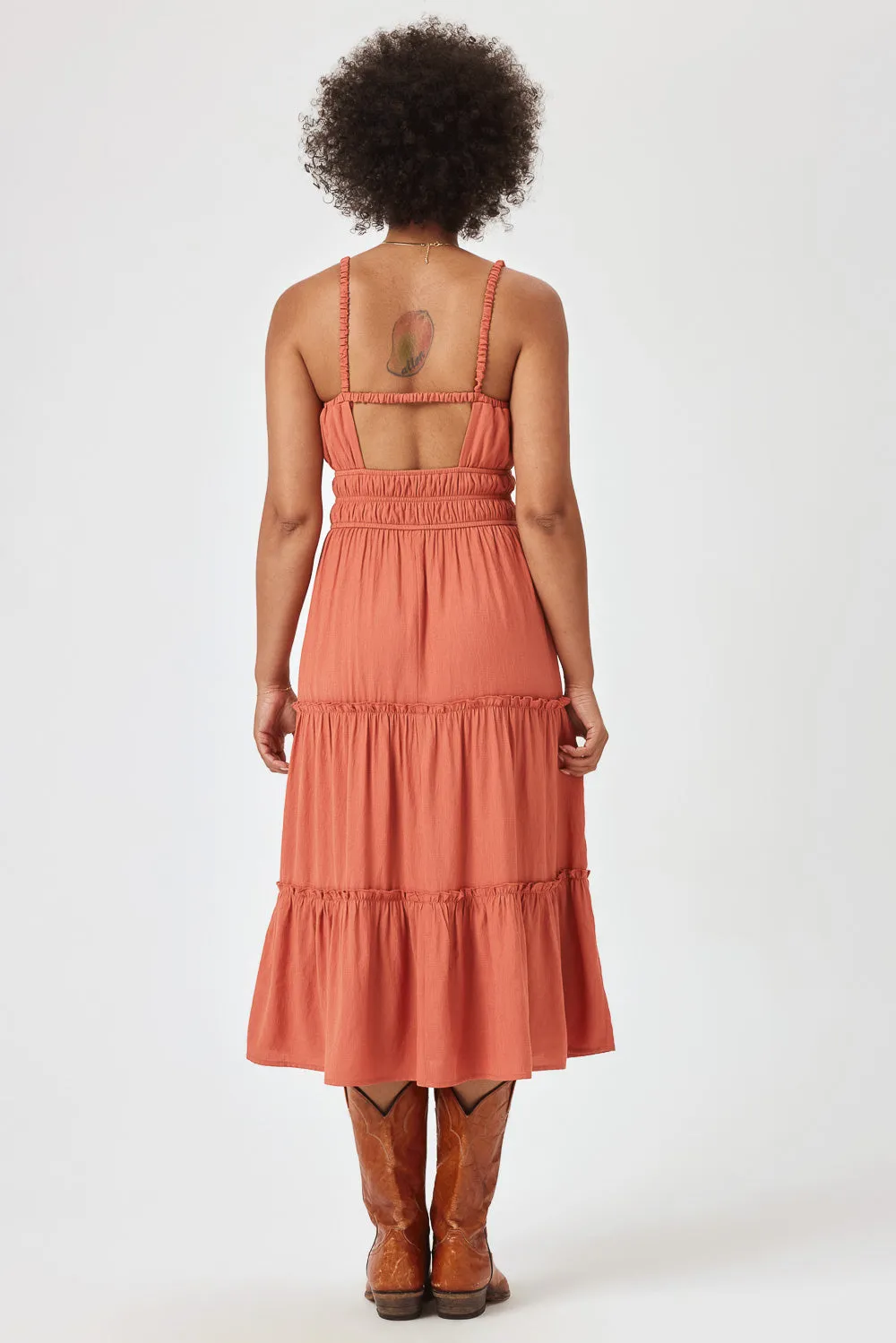 Rust Cinched Waist Tiered Midi Dress