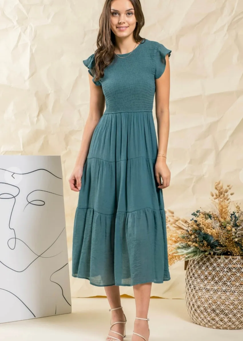 Samantha, Women’s  Tiered, Smocked, Flutter Sleeve, Midi Dress, Terra Cotta or Seafoam Teal