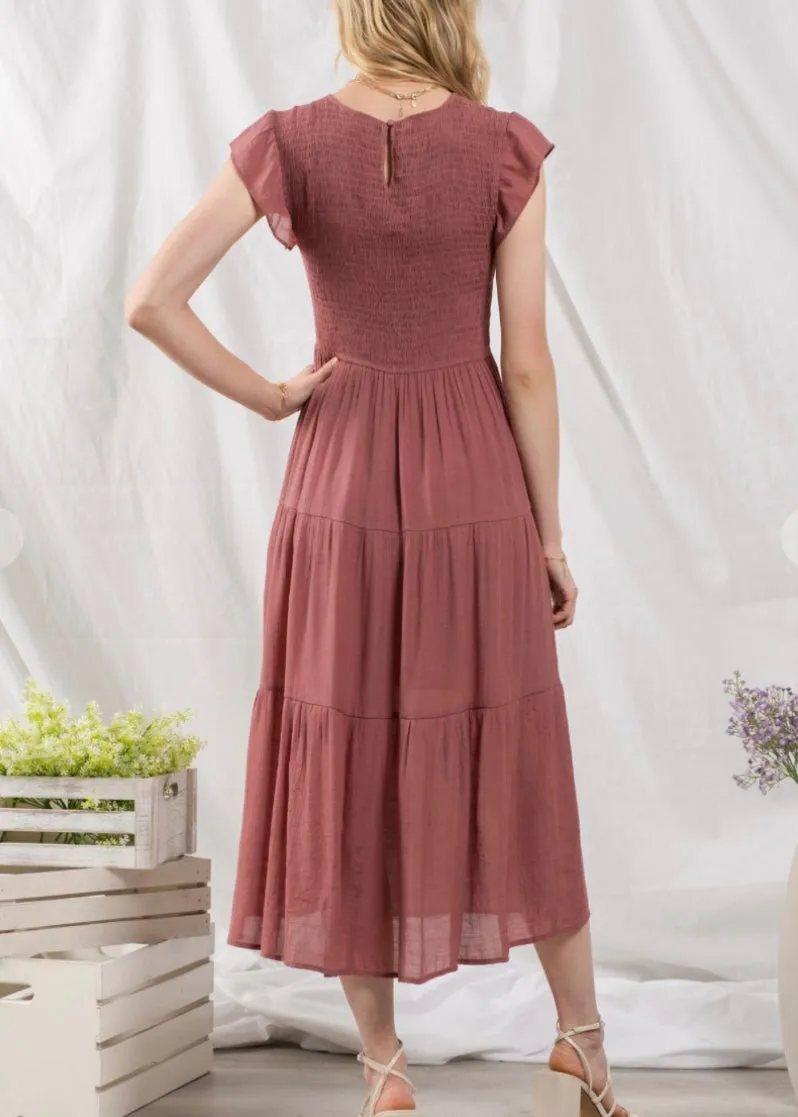 Samantha, Women’s  Tiered, Smocked, Flutter Sleeve, Midi Dress, Terra Cotta or Seafoam Teal
