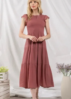 Samantha, Women’s  Tiered, Smocked, Flutter Sleeve, Midi Dress, Terra Cotta or Seafoam Teal