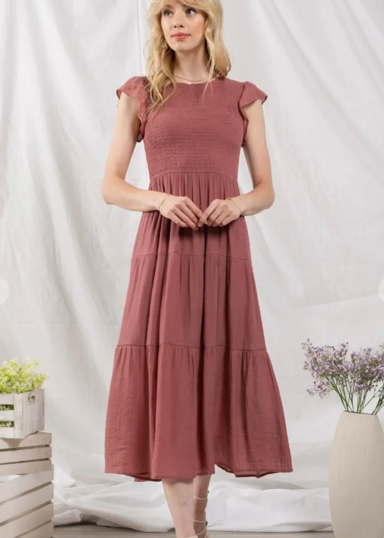 Samantha, Women’s  Tiered, Smocked, Flutter Sleeve, Midi Dress, Terra Cotta or Seafoam Teal