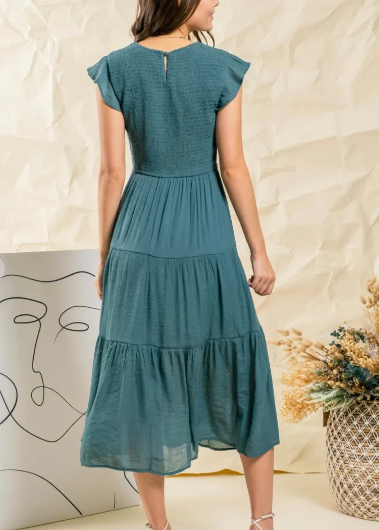 Samantha, Women’s  Tiered, Smocked, Flutter Sleeve, Midi Dress, Terra Cotta or Seafoam Teal