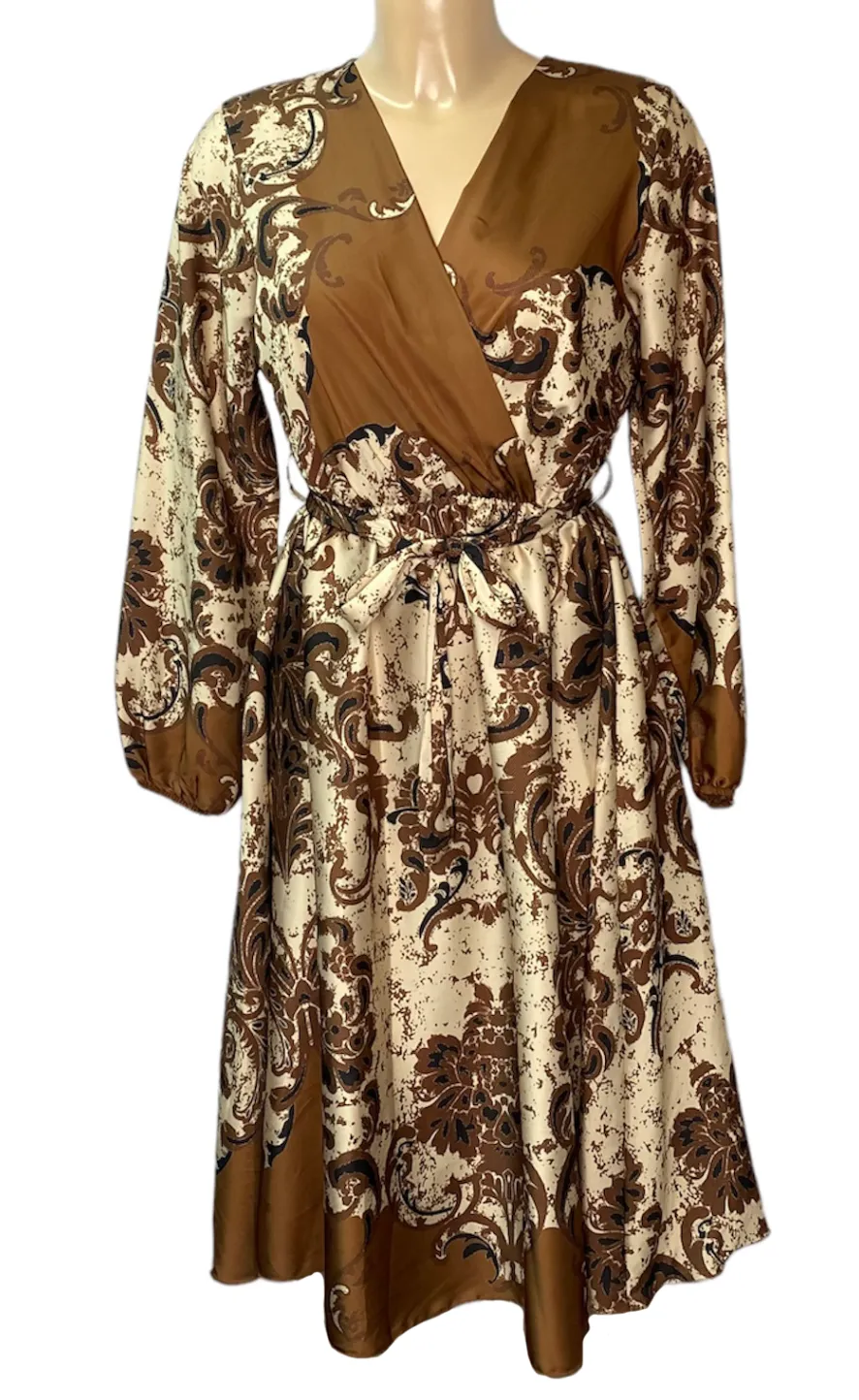 Satin Vintage V-Neck Midi Dress With Belt (2 Colours)