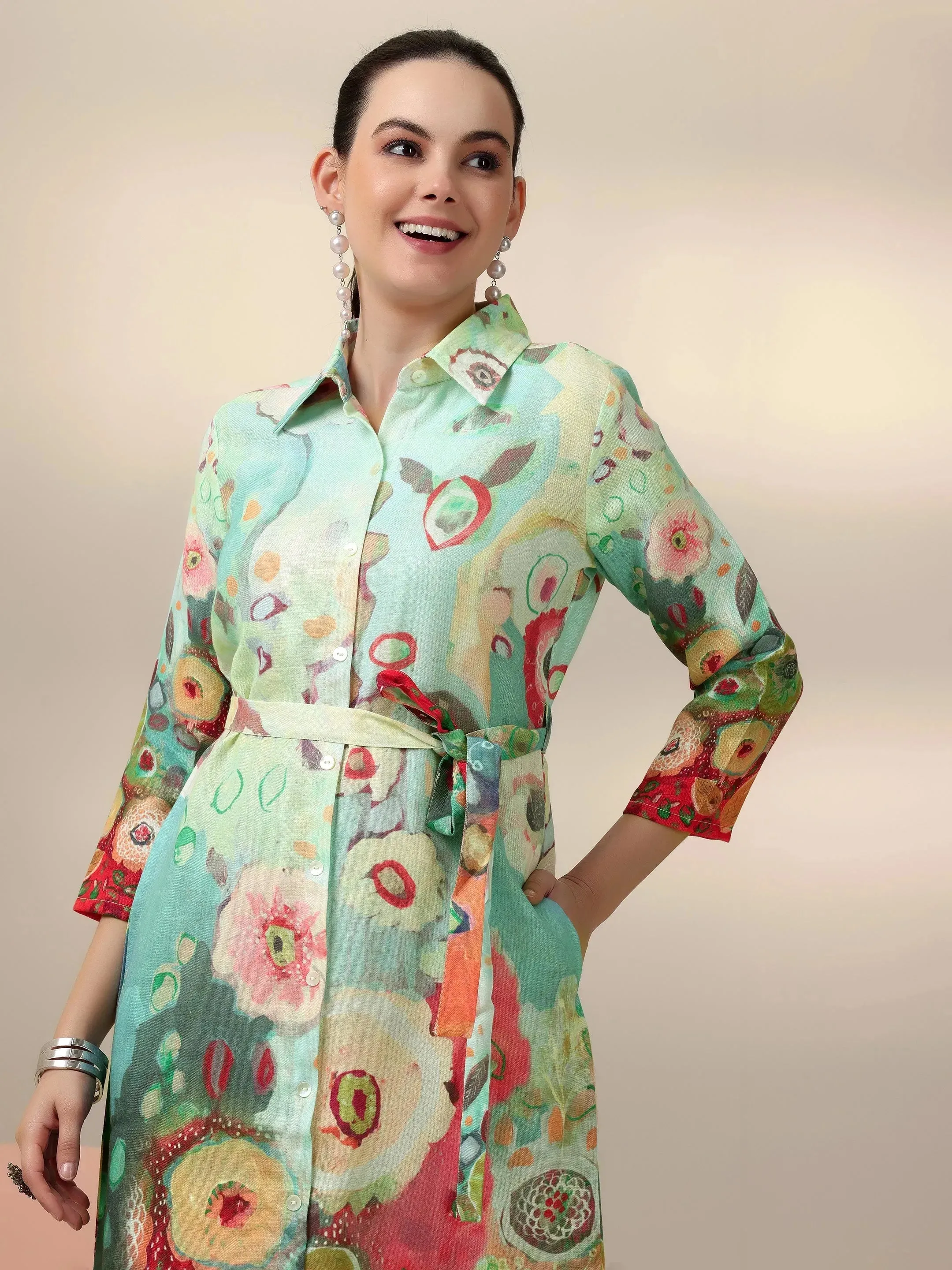 Sea Green Printed Linen Shirt Dress With Belt