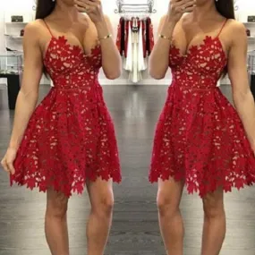 Sexy Red Spaghetti Strap Lace Homecoming Dress Freshsman Formal Dress |Graduation Dress