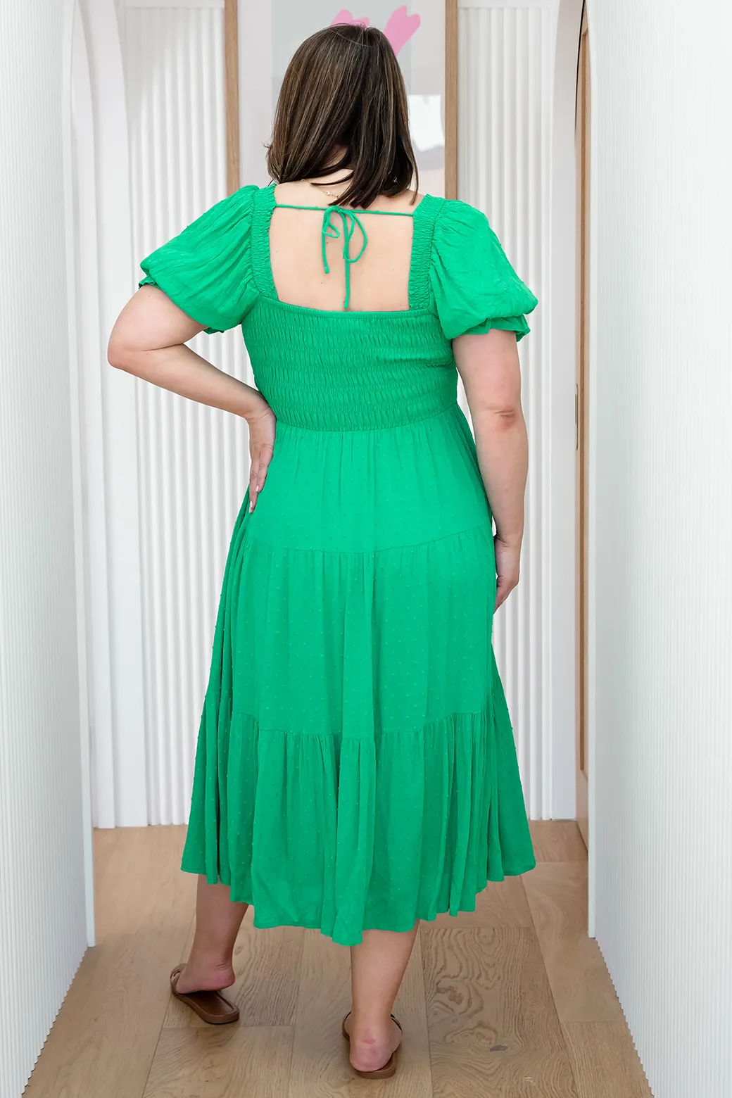 Shiloh Shirred Midi Dress Emerald Green Dobby