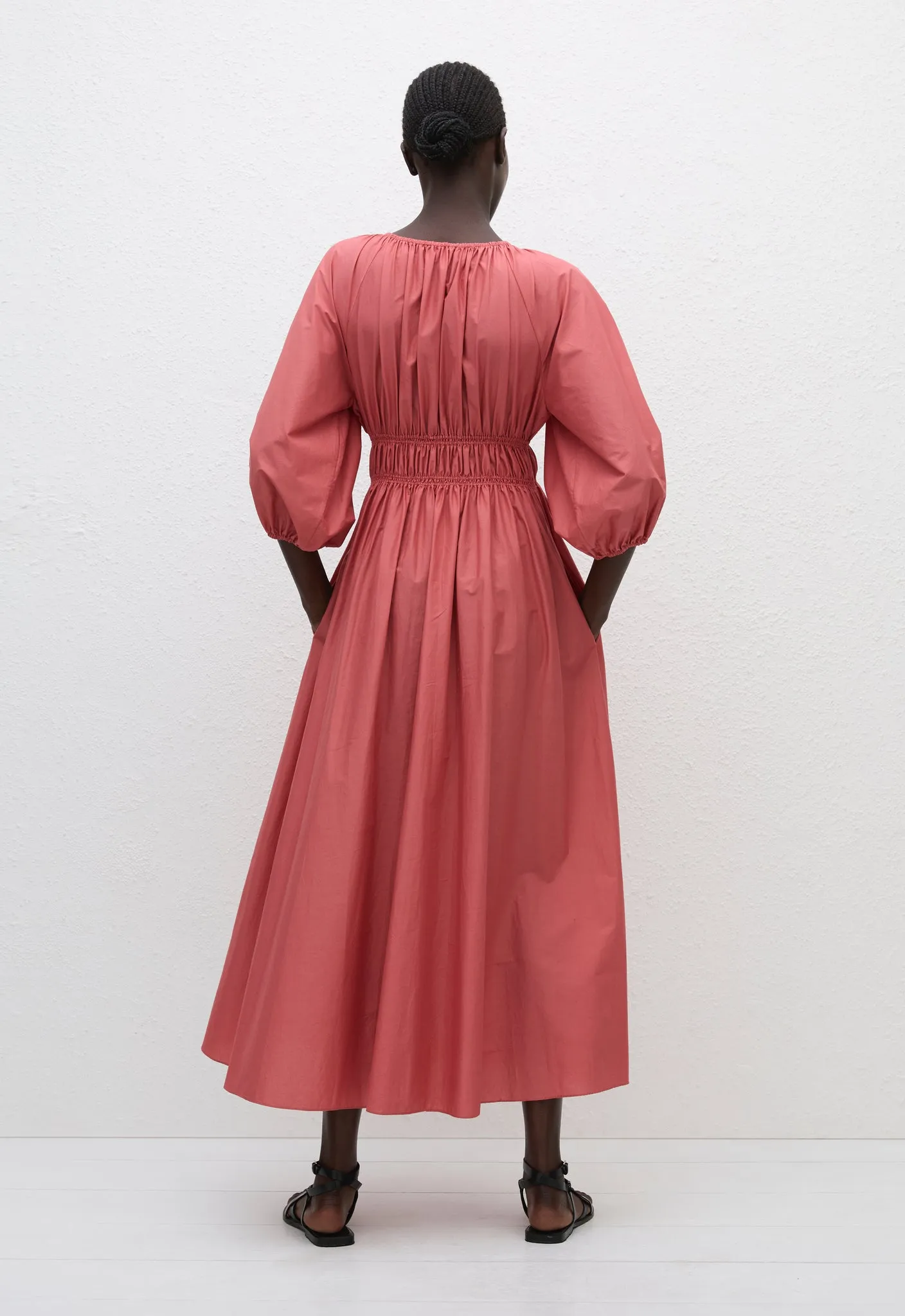 Shirred Plunge Button Dress - Rose