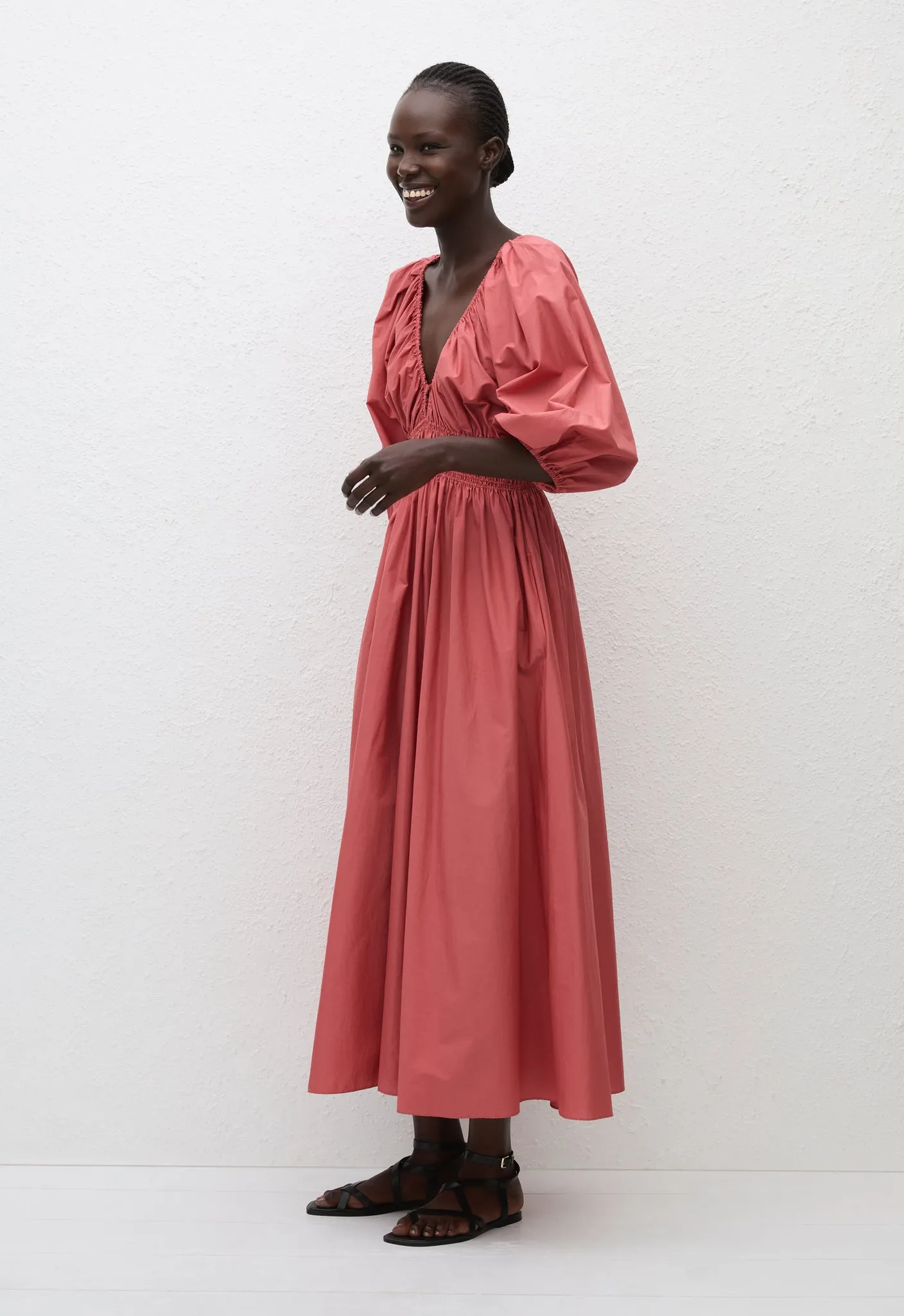 Shirred Plunge Button Dress - Rose