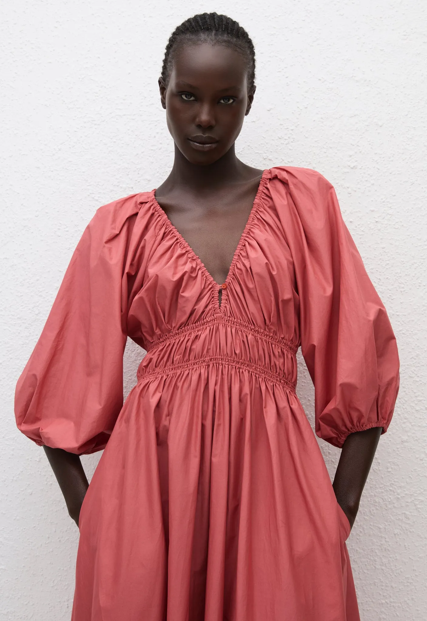 Shirred Plunge Button Dress - Rose