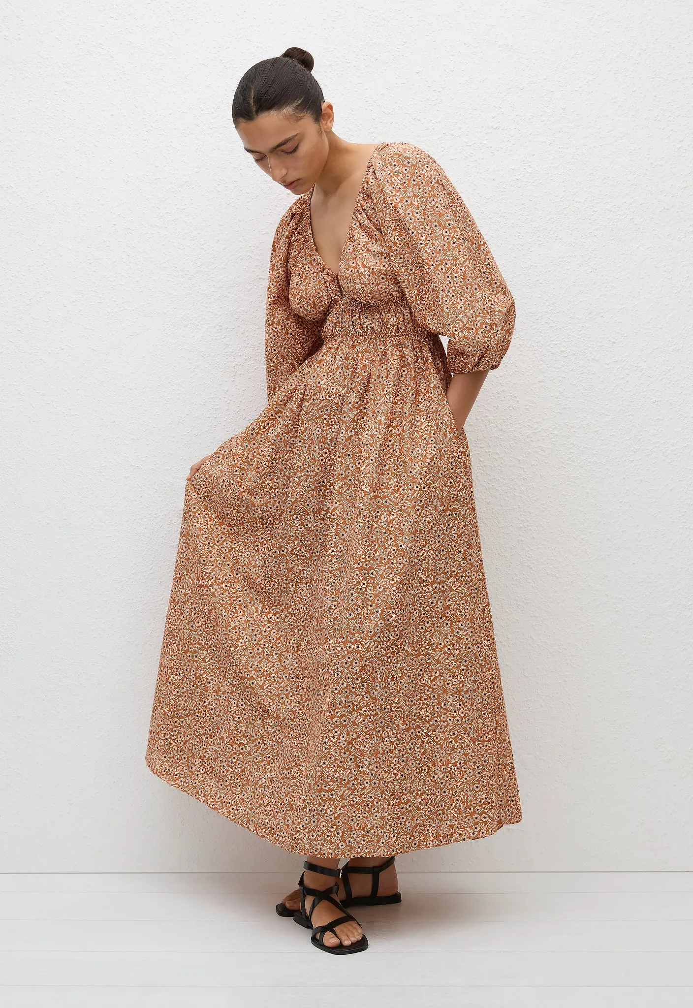 Shirred Plunge Button Dress - Strawflower