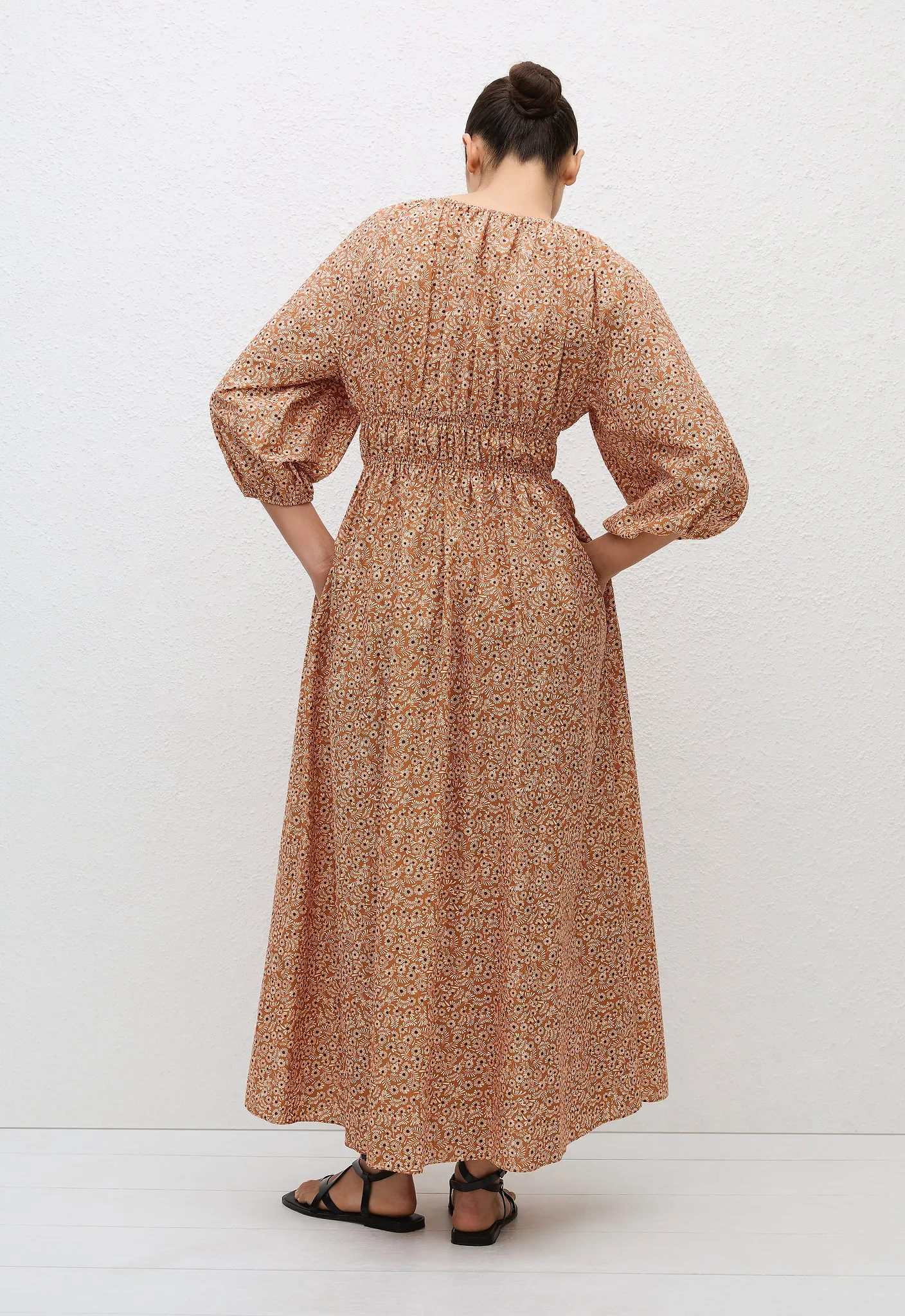 Shirred Plunge Button Dress - Strawflower
