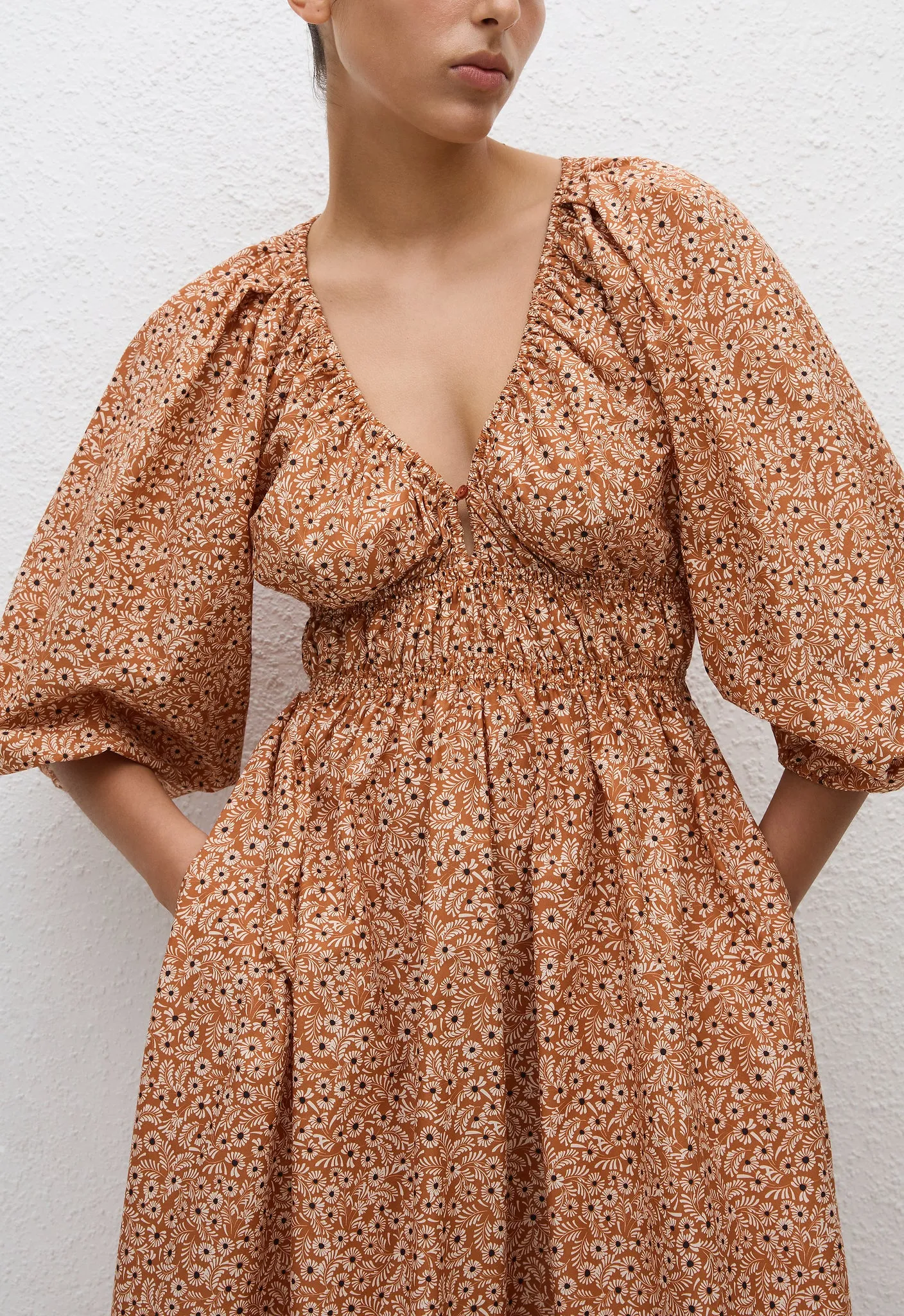 Shirred Plunge Button Dress - Strawflower
