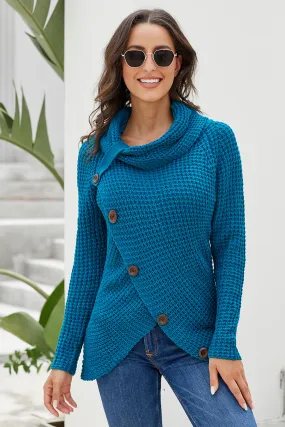Slate Blue Buttoned Wrap Turtleneck Sweater