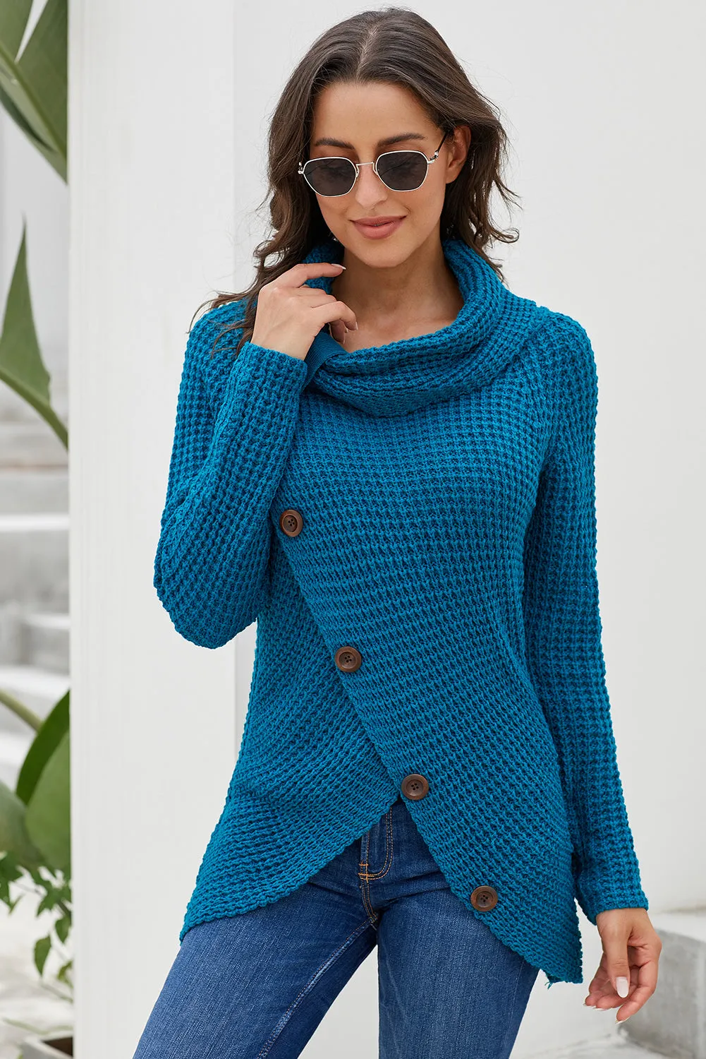Slate Blue Buttoned Wrap Turtleneck Sweater