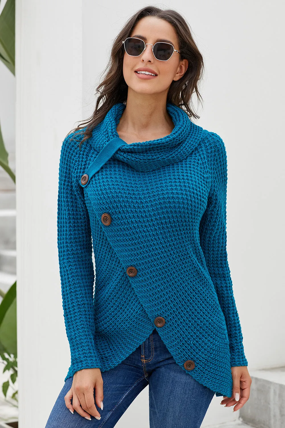 Slate Blue Buttoned Wrap Turtleneck Sweater