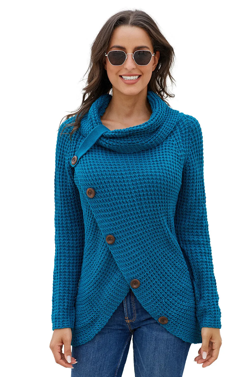 Slate Blue Buttoned Wrap Turtleneck Sweater