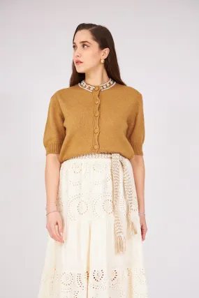 Stoned Collar Cardigan Tobacco Color