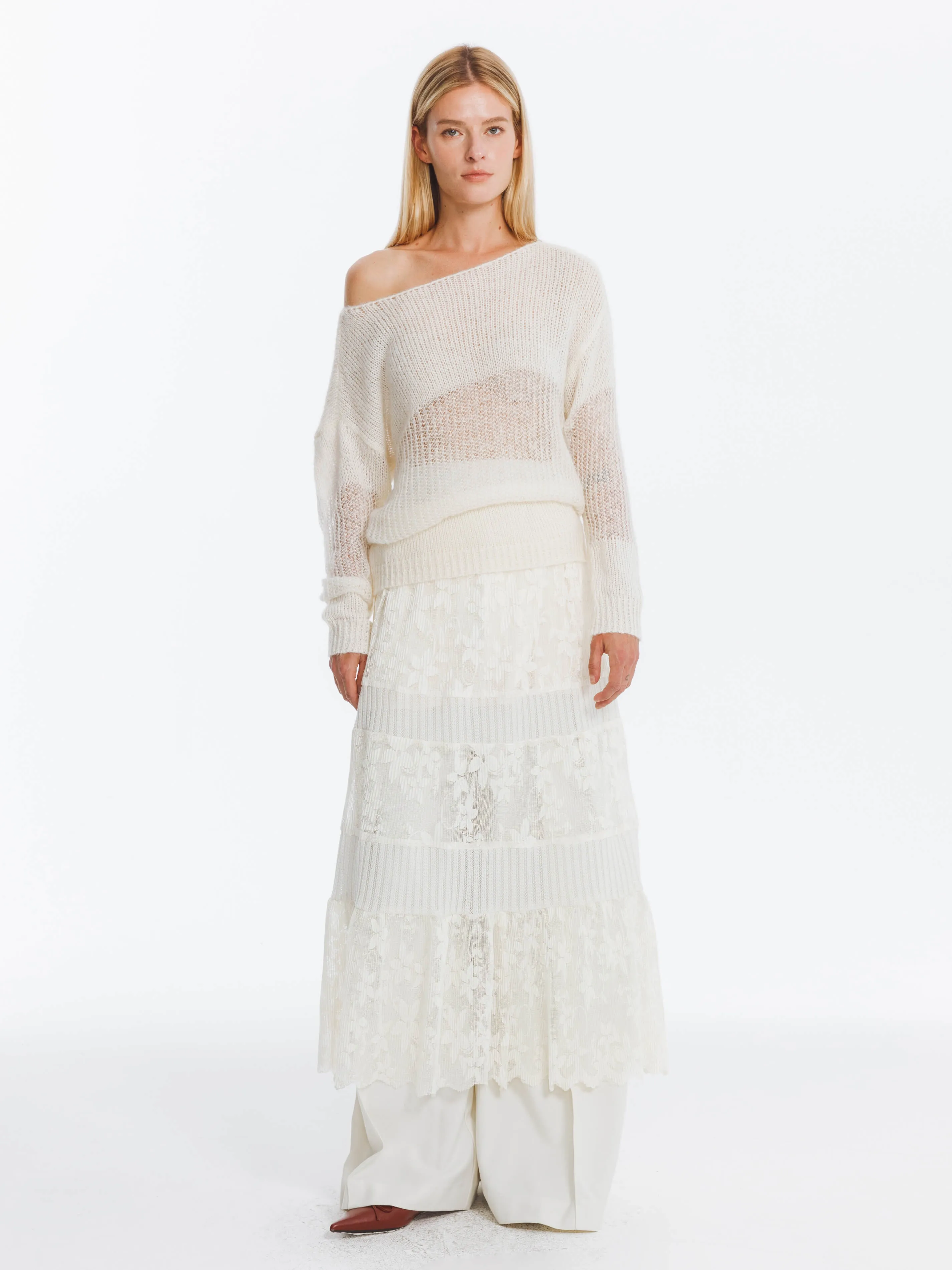 Textured Floral Print Lace Panel Skirt