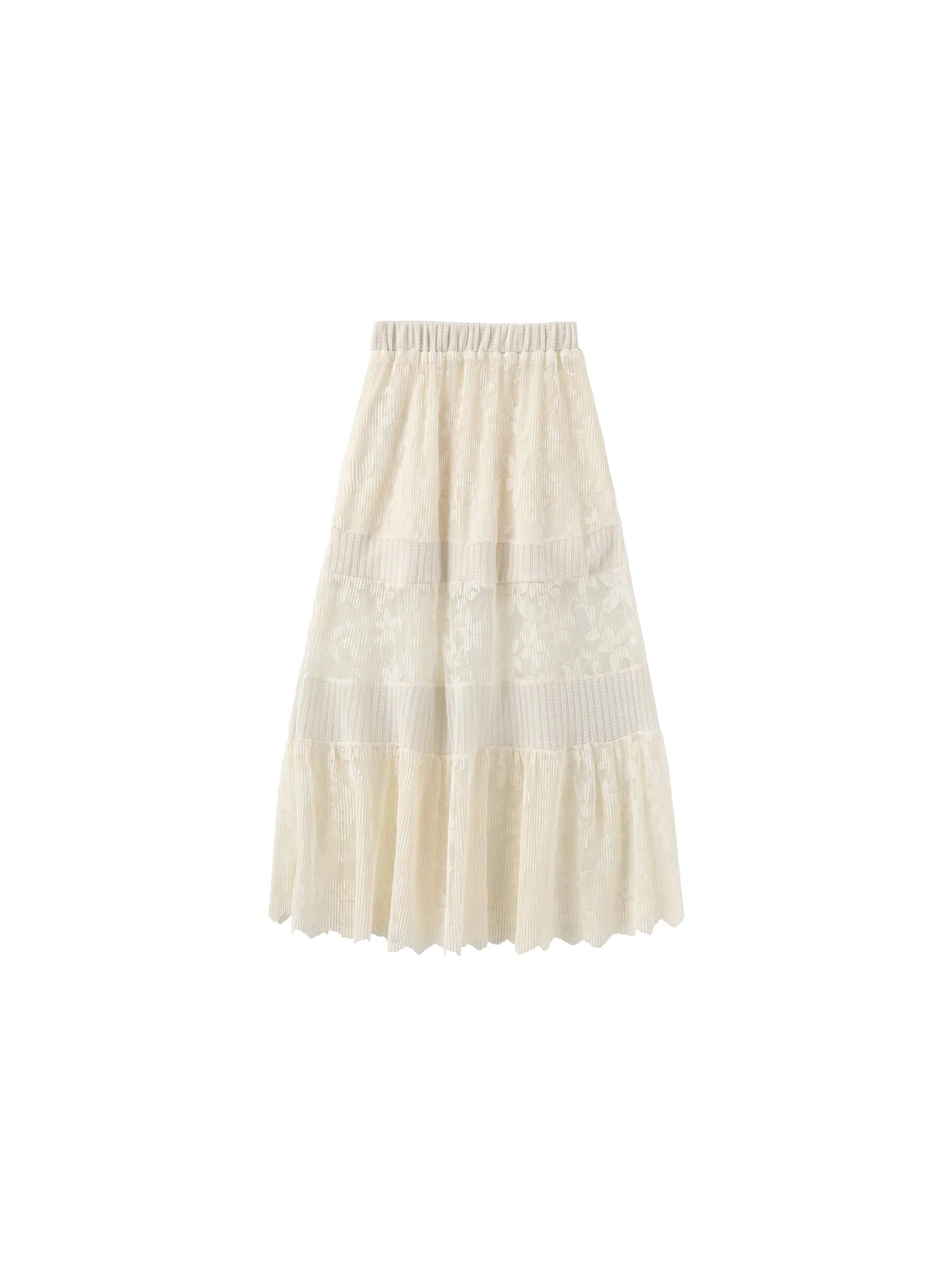 Textured Floral Print Lace Panel Skirt