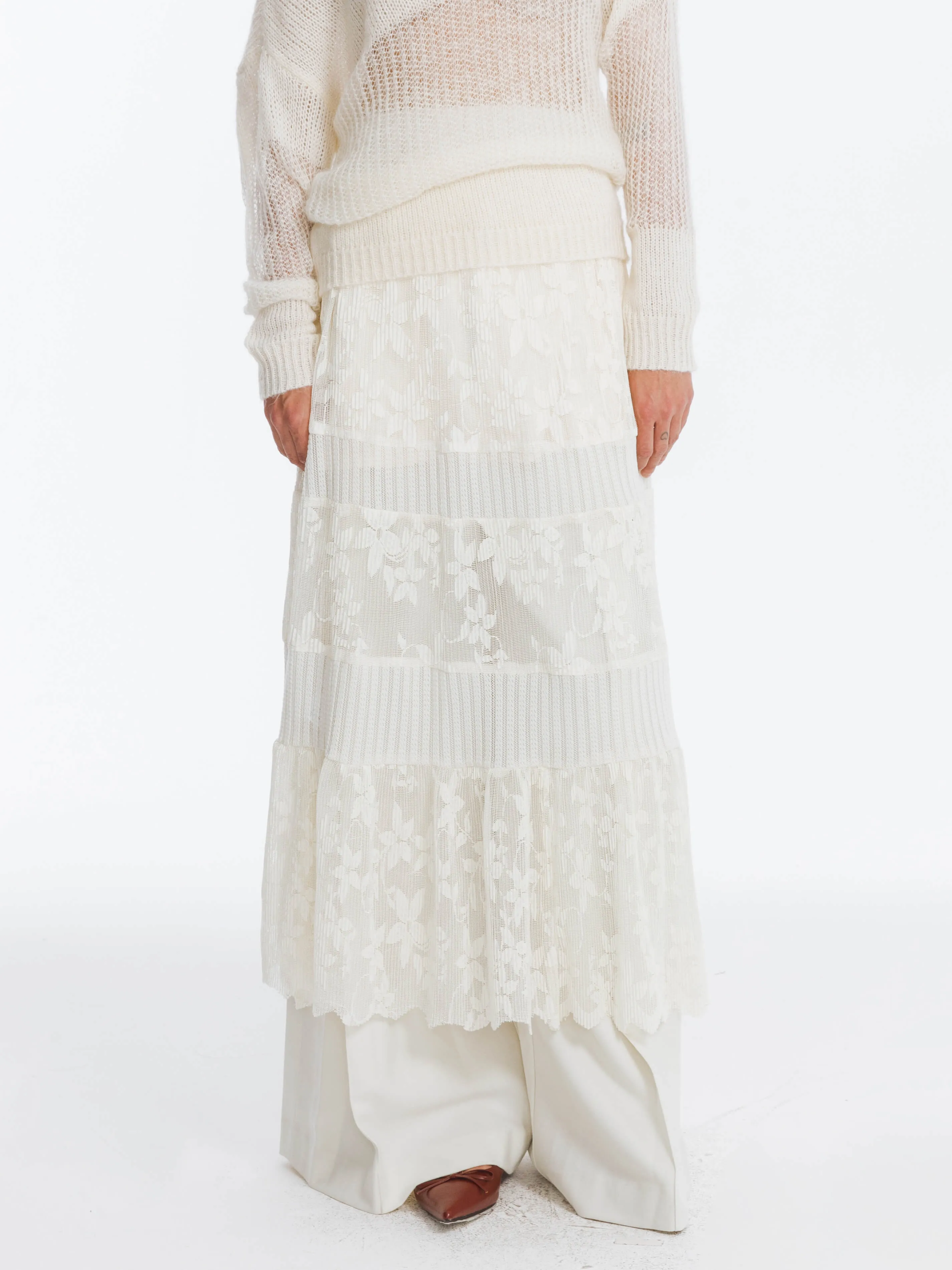 Textured Floral Print Lace Panel Skirt