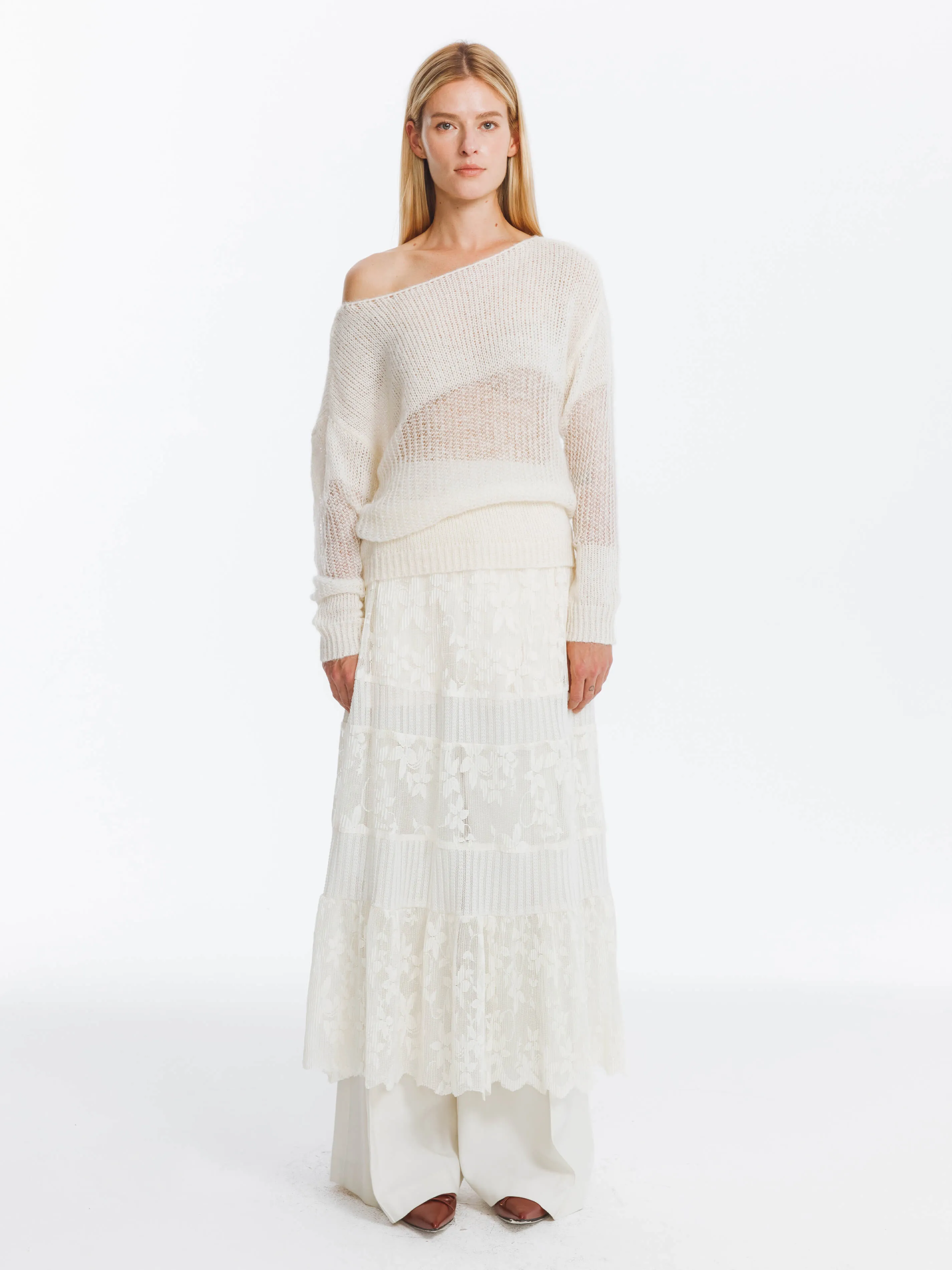 Textured Floral Print Lace Panel Skirt